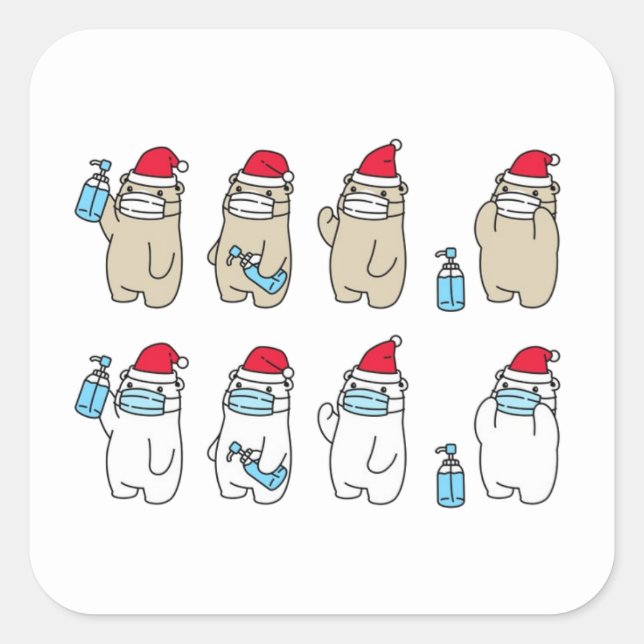 Cute bears Christmas hat mask sanitizer Square Sticker (Front)