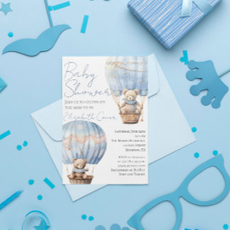Cute Bears in Balloon Baby Boy Shower Invitation