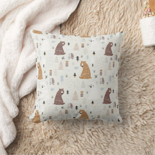Cute Bears in the Woods Pattern Throw Pillow