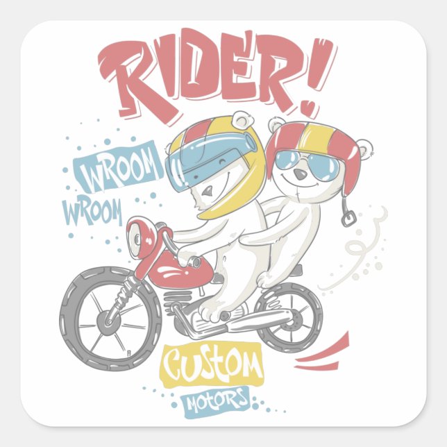 Cute bears on motorcycle square sticker (Front)