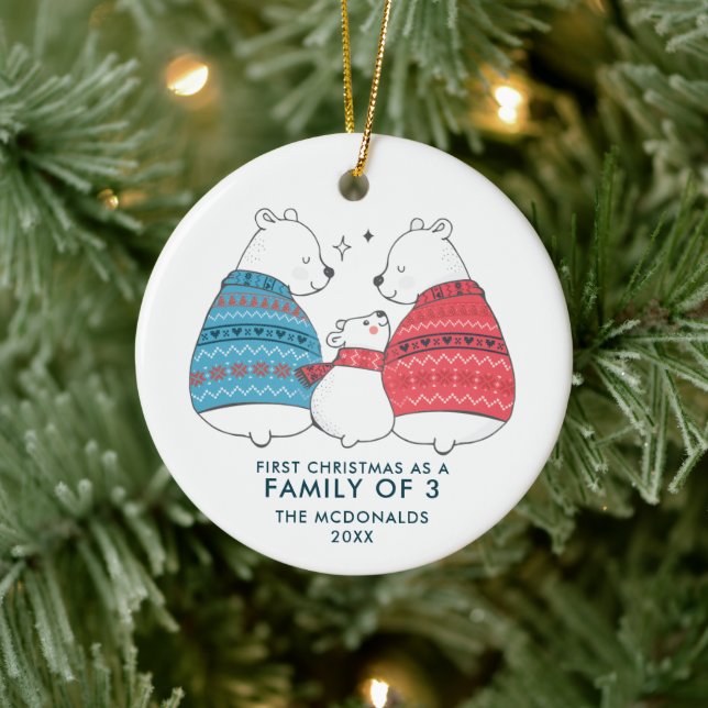 Cute Bears Personalized 1st Xmas As A Family of 3 Ceramic Ornament (Tree)
