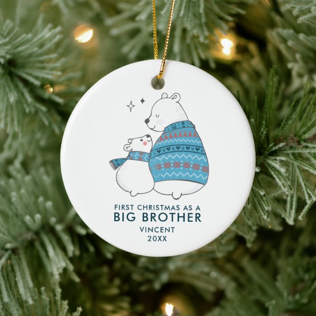 Cute Bears Personalized First Xmas as Big Brother Ceramic Ornament (Tree)