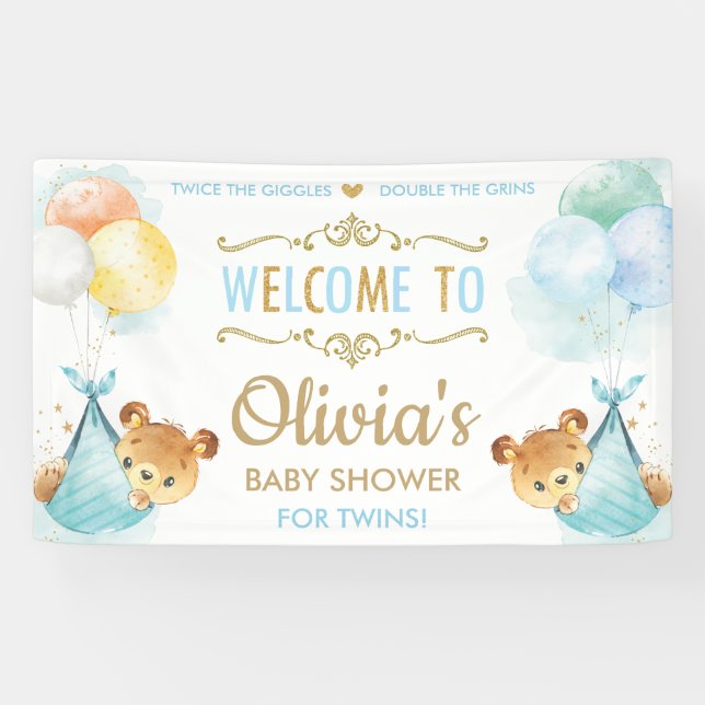 Cute Bears Twins Boys Baby Shower Welcome Backdrop Banner (Horizontal)