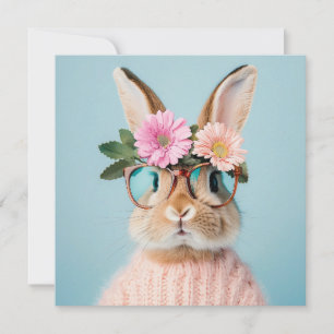 cute beautiful bunny in a hat in a basket  holiday card