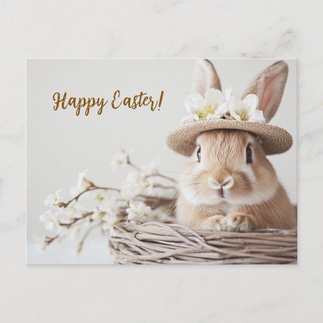 cute beautiful bunny in a hat in a basket  holiday postcard (Front)