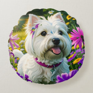 Cute Beautiful Westie Terrier Puppy Dog Two Round Pillow