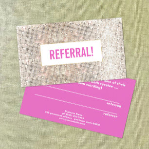 Cute Beauty Salon Referral Faux Silver Sequin Pink Card