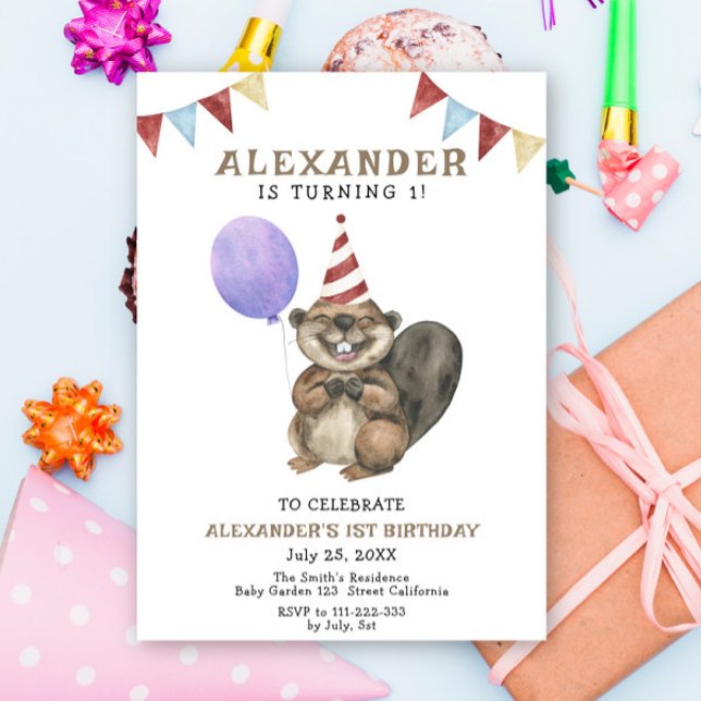 Cute Beaver 1st Birthday Party Invitation (Creator Uploaded)