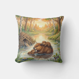 Cute Beaver And Babies River and Lake Animals  Throw Pillow