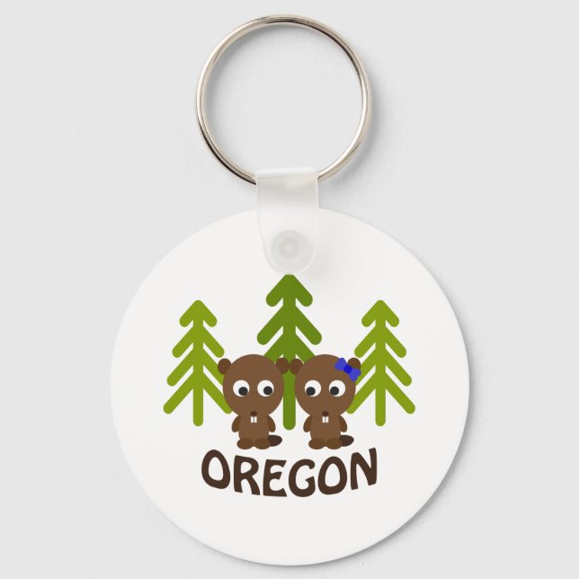 Cute Beaver Couple Oregon Keychain (Front)