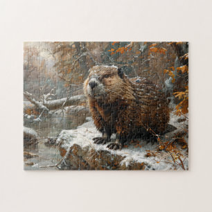 Cute Beaver During Winter Oil Painting Jigsaw Puzzle