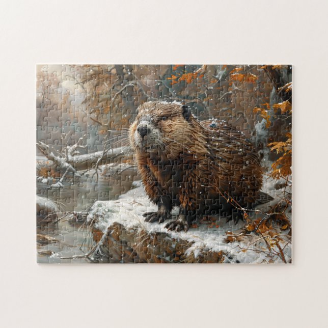 Cute Beaver During Winter Oil Painting Jigsaw Puzzle (Horizontal)