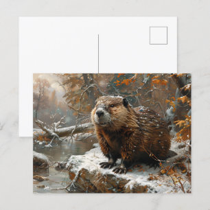Cute Beaver During Winter Oil Painting Postcard
