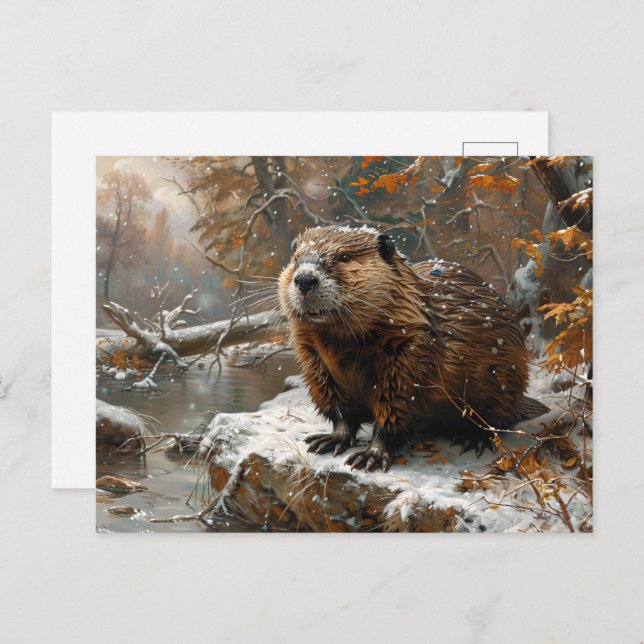 Cute Beaver During Winter Oil Painting Postcard (Front/Back)