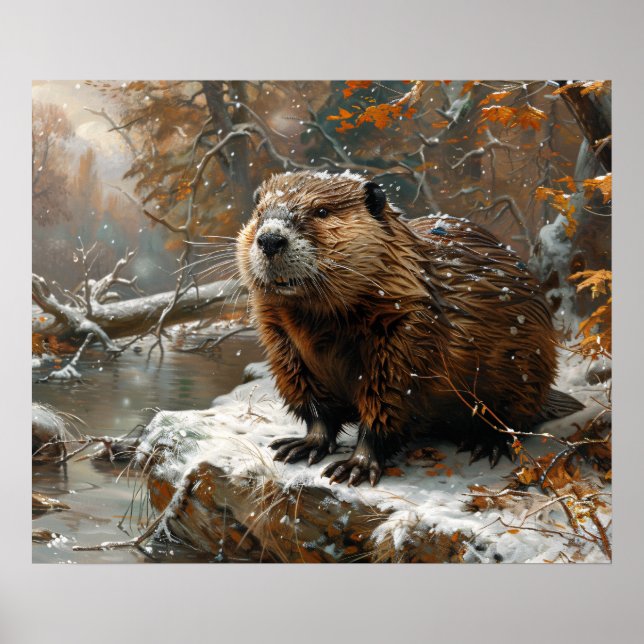 Cute Beaver During Winter Oil Painting Poster (Front)