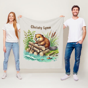 Cute beaver lovers add name fleece blanket