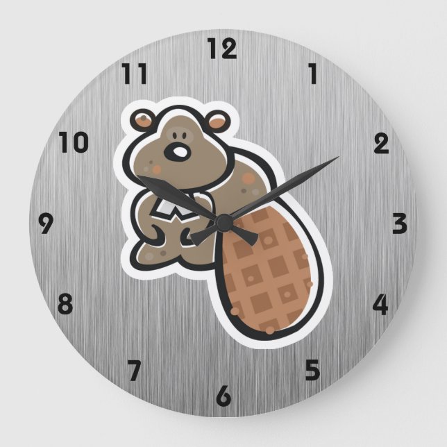 Cute Beaver; Metal-look Large Clock (Front)