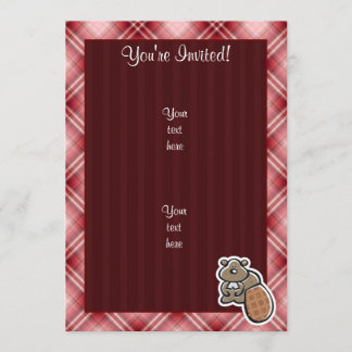 Cute Beaver; Red Plaid Invitation