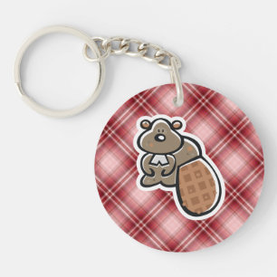 Cute Beaver; Red Plaid Keychain
