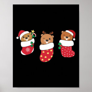 Cute Beavers In Christmas Stockings For Christmas Poster