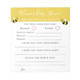 Cute Bee Advice and Predictions Baby Shower Game N Notepad