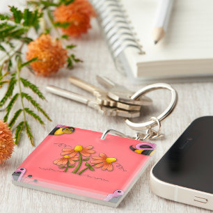 Cute Bee and Flower Pink Spring Garden  Keychain