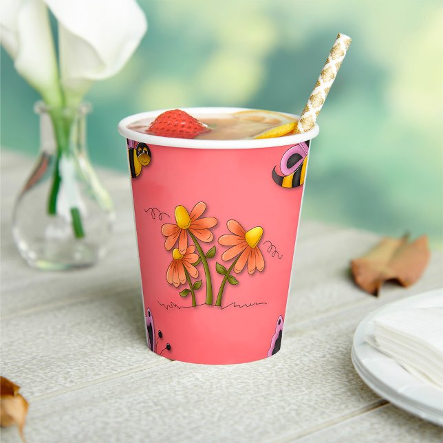 Cute Bee and Flower Pink Spring Garden  Paper Cups (Creator Uploaded)