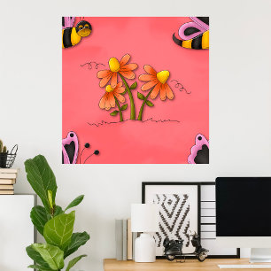 Cute Bee and Flower Pink Spring Garden  Poster