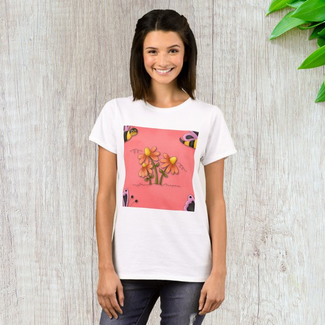 Cute Bee and Flower Pink Spring Garden  T-Shirt (Creator Uploaded)