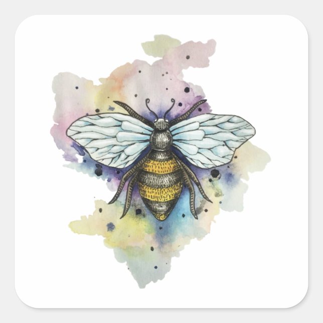 Cute Bee And Rainbow Wash Classic Square Sticker (Front)