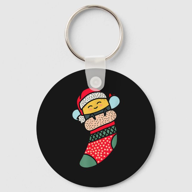 Cute Bee Baby Bumblebee In Christmas Sock Xmas Paj Keychain (Front)