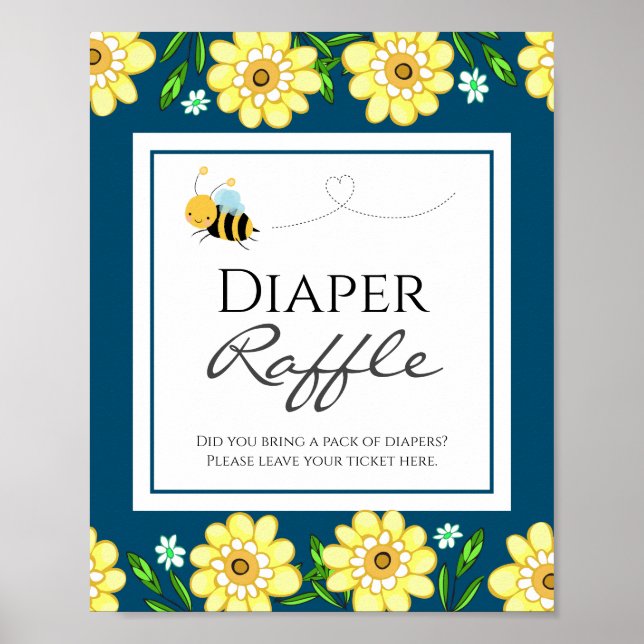 Cute Bee Baby Shower Diaper Raffle Party Sign (Front)