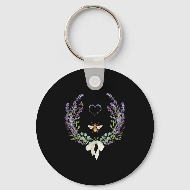 Cute Bee Bow Lavender Flower Heart Botanical Natur Keychain (Front)