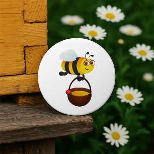 Cute Bee Carrying Honey Pot with Flower 3 Inch Round Button