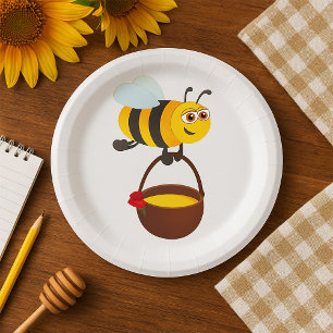 Cute Bee Carrying Honey Pot with Flower Paper Plate