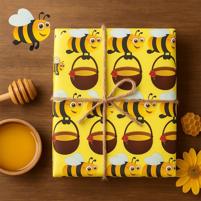 Cute Bee Carrying Honey Pot with Flower Wrapping Paper (Creator Uploaded)