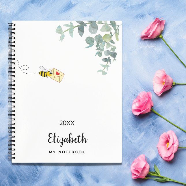 Cute bee eucalyptus greenery monogram notebook (Creator Uploaded)