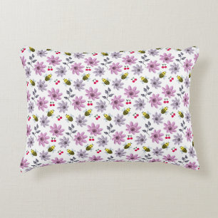 Cute Bee Floral Pattern Cottagecore Aesthetic Pink Accent Pillow
