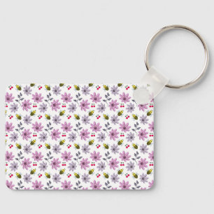 Cute Bee Floral Pattern Cottagecore Aesthetic Pink Keychain
