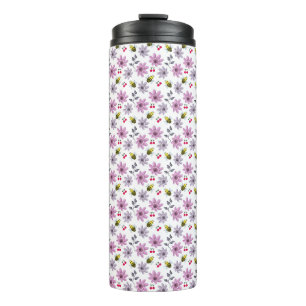 Cute Bee Floral Pattern Cottagecore Aesthetic Pink Thermal Tumbler