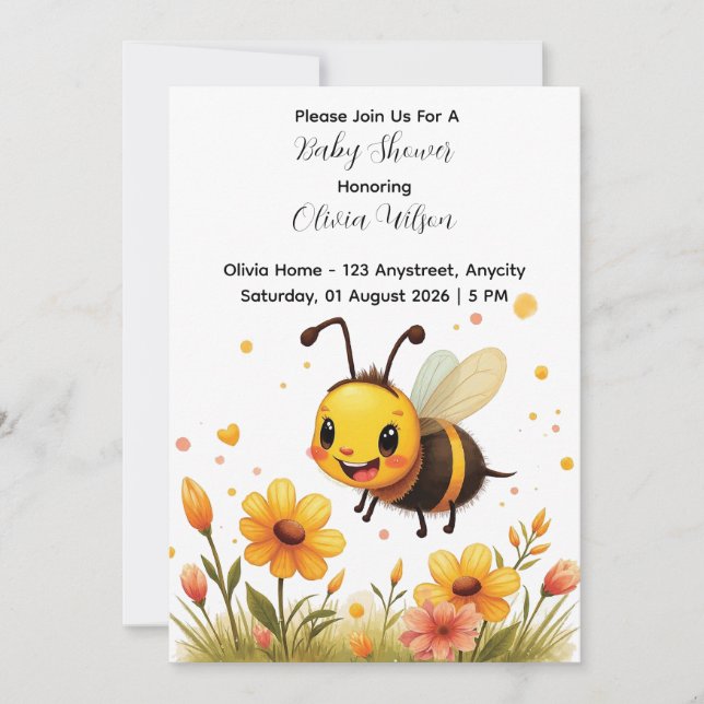  Cute Bee Flower Cartoon Invitation (Front)