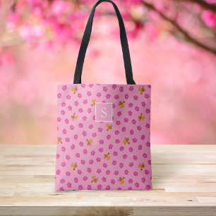 Cute bee & flowers pattern Monogram pink Tote Bag