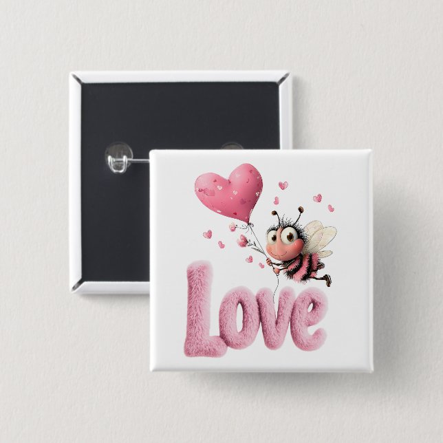 Cute Bee Fluffy Pink Love Heart Balloon  2 Inch Square Button (Front & Back)