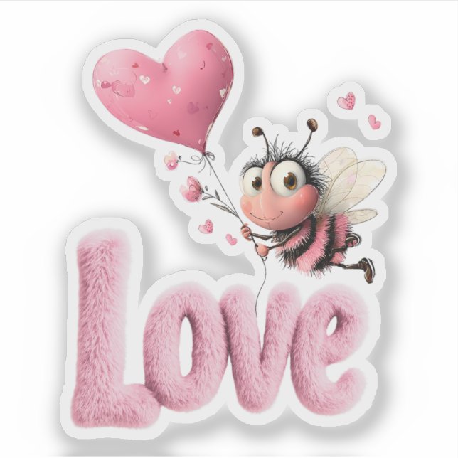Cute Bee Fluffy Pink Love Heart Balloon Design (Front)