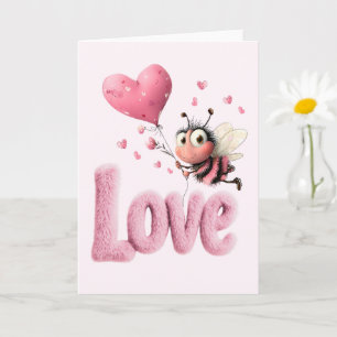 Cute Bee Fluffy Pink Love Heart Balloon Design Card