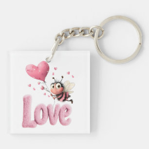 Cute Bee Fluffy Pink Love Heart Balloon  Keychain