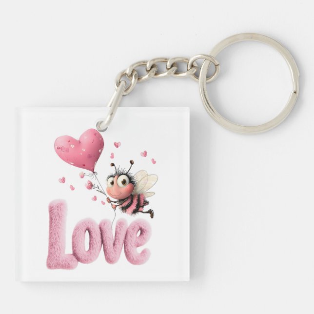 Cute Bee Fluffy Pink Love Heart Balloon  Keychain (Back)