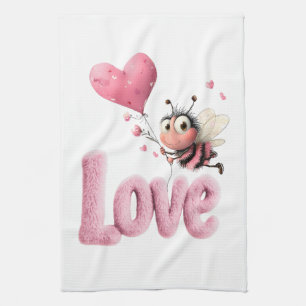 Cute Bee Fluffy Pink Love Heart Balloon  Kitchen Towel