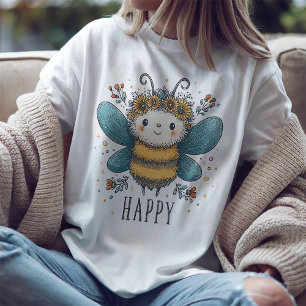 Cute Bee Happy Watercolor Floral T-Shirt