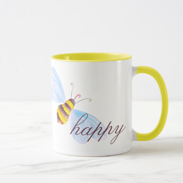 Cute bee happy yellow brown or custom text mug (Right)